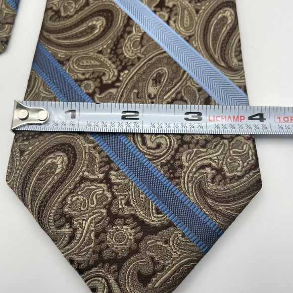 Pronto Uomo Paisley Silk Mens Tie Brown Blue Diagonal Stripe Formal - Picture 4 of 5